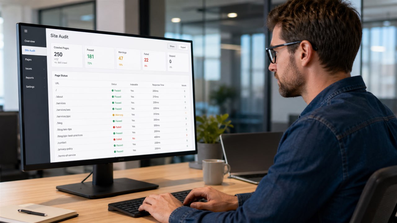 A business owner reviewing AI search results on a laptop, learning how answer engine optimization affects their company's visibility.