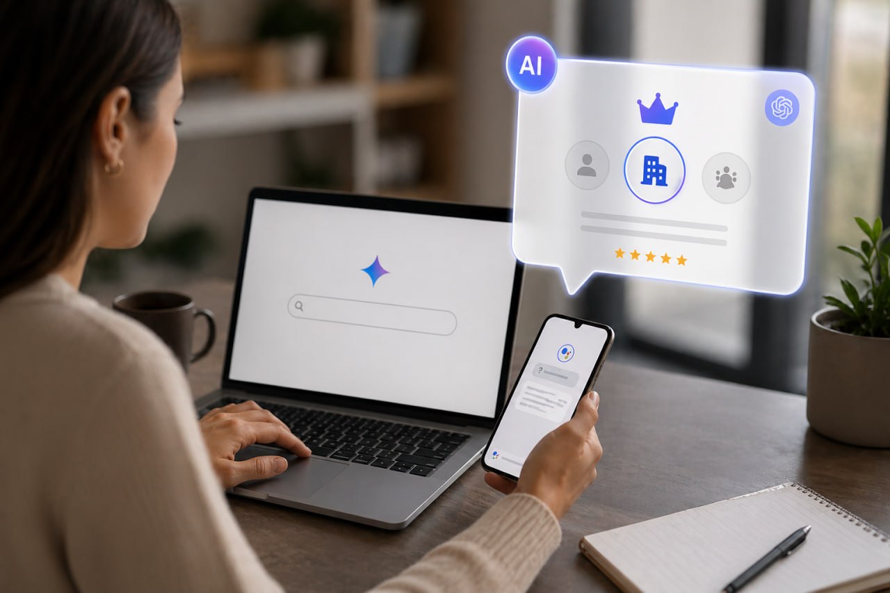 Business owner reviewing AI search visibility on a laptop while an AI recommendation panel appears above the screen.