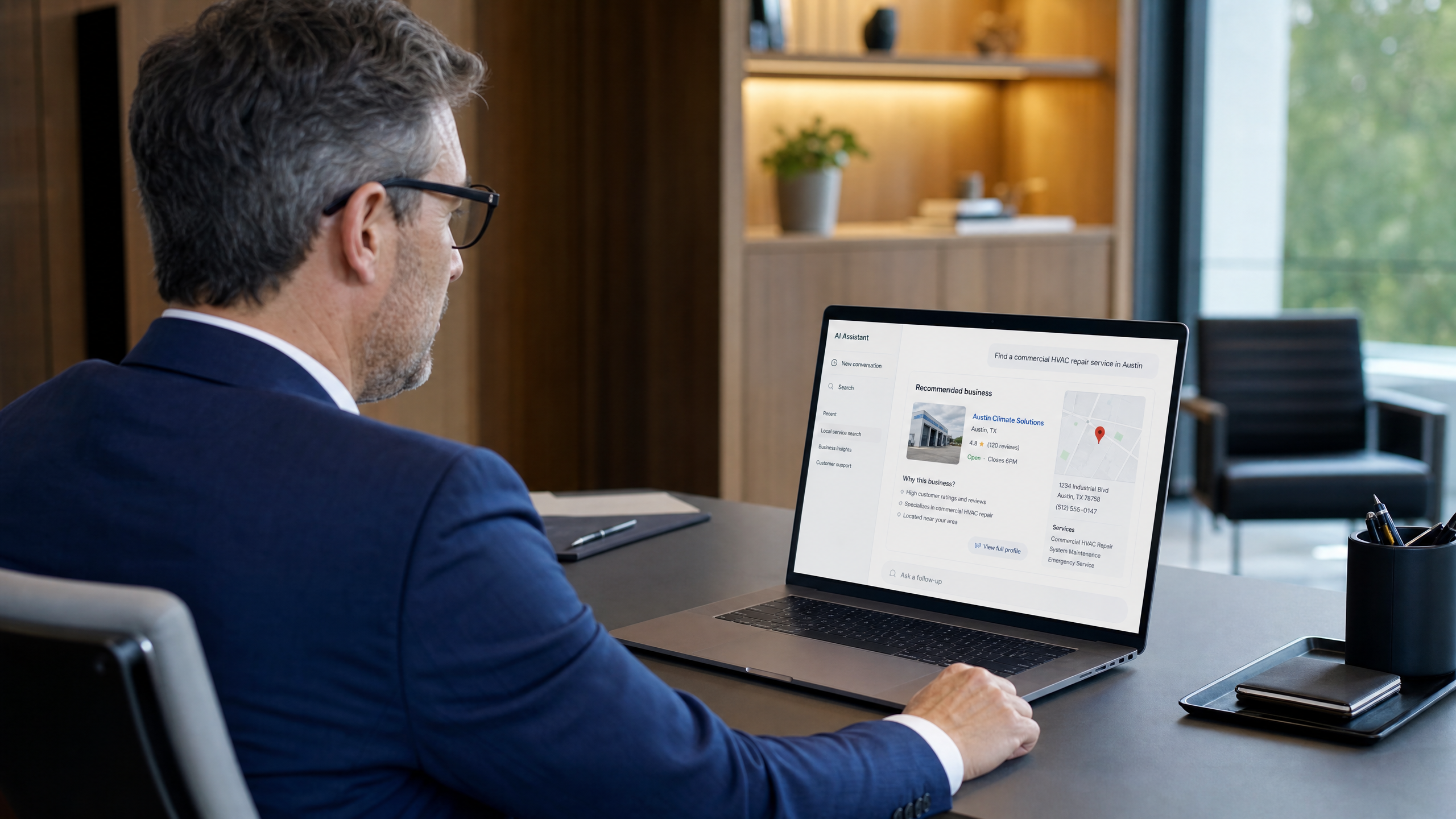 A business owner reviews AI search results showing which companies are recommended for local services, illustrating how AI decides which business to cite.