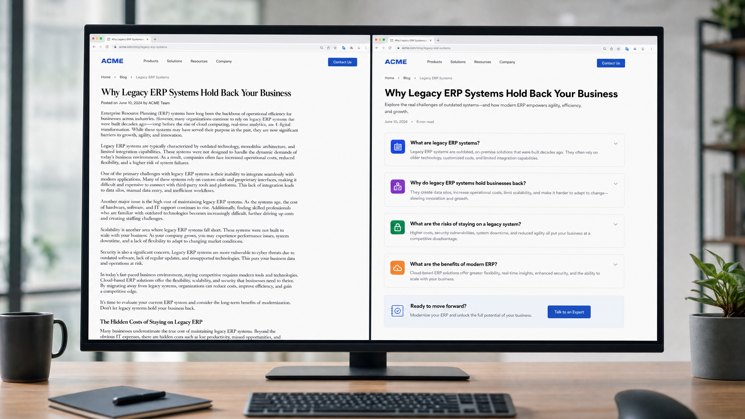 A side-by-side comparison of two web pages, one structured for AI visibility with question-based headings and the other using traditional paragraph copy, illustrating AEO content strategy differences.
