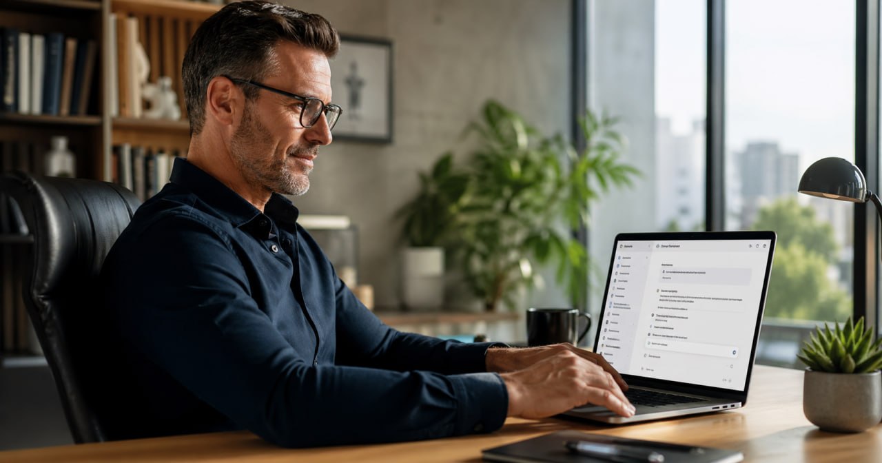 A business owner reviewing AI search results on a laptop to understand answer engine optimization and business visibility.