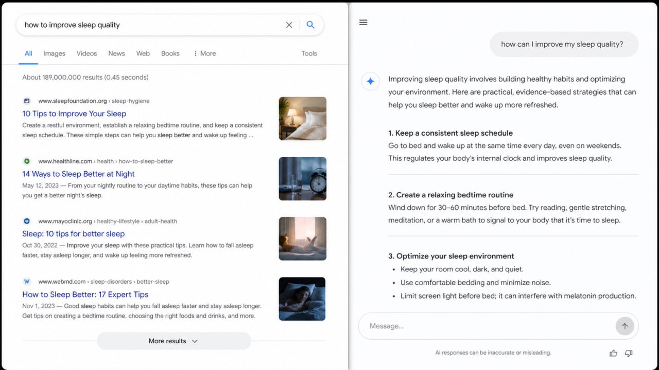 Side-by-side comparison showing traditional SEO search results versus an AI answer engine response, illustrating the AEO versus SEO difference.