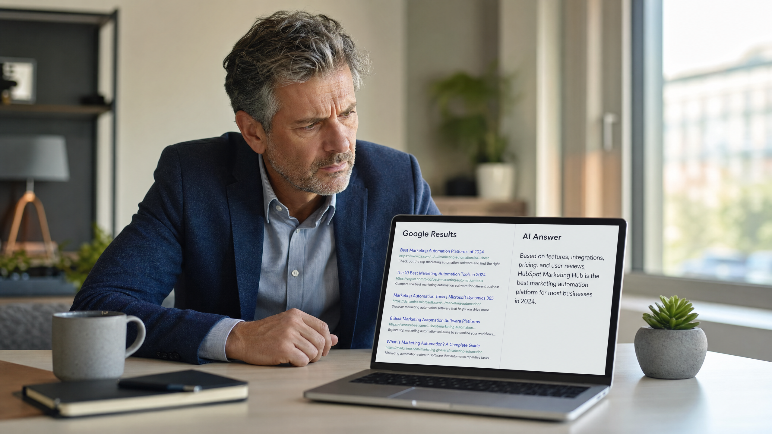 A B2B marketing leader reviewing the difference between Google search results and AI-generated recommendations on a laptop screen.