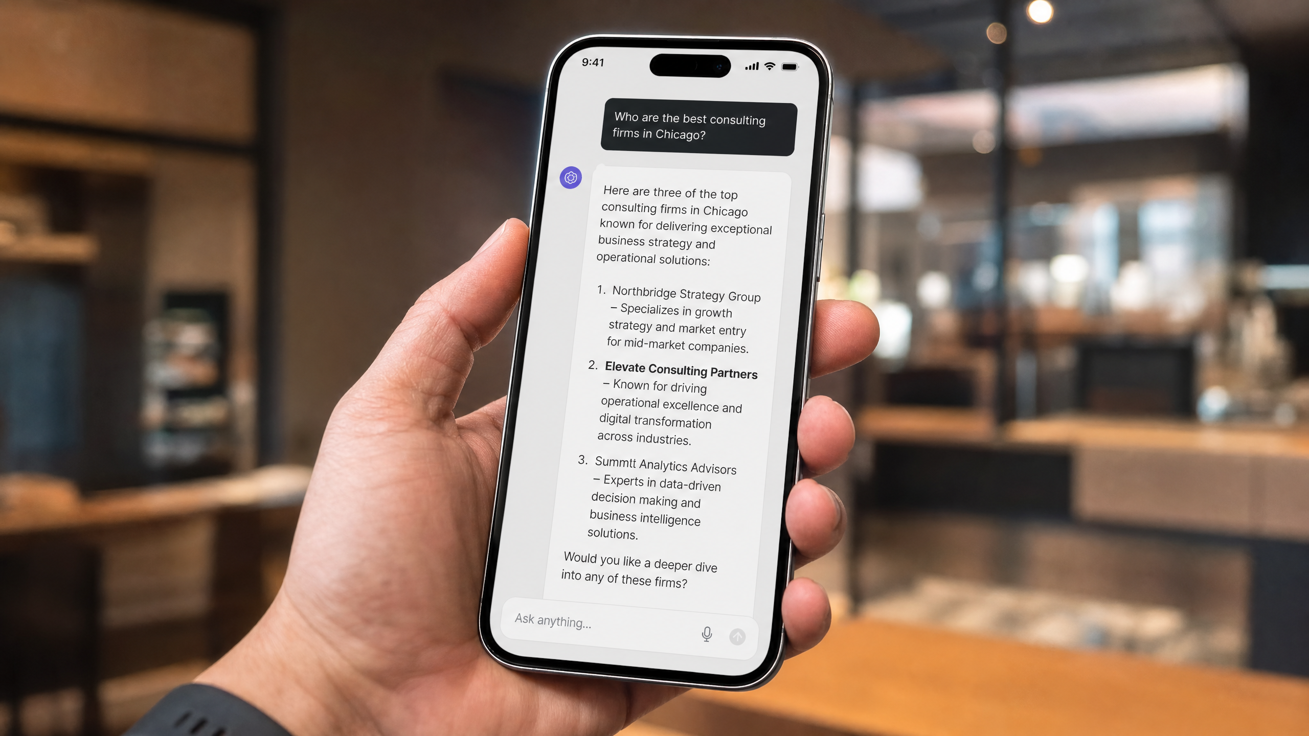 A smartphone screen showing an AI assistant answering a question about the best service providers in a category, demonstrating how AI visibility for B2B works.