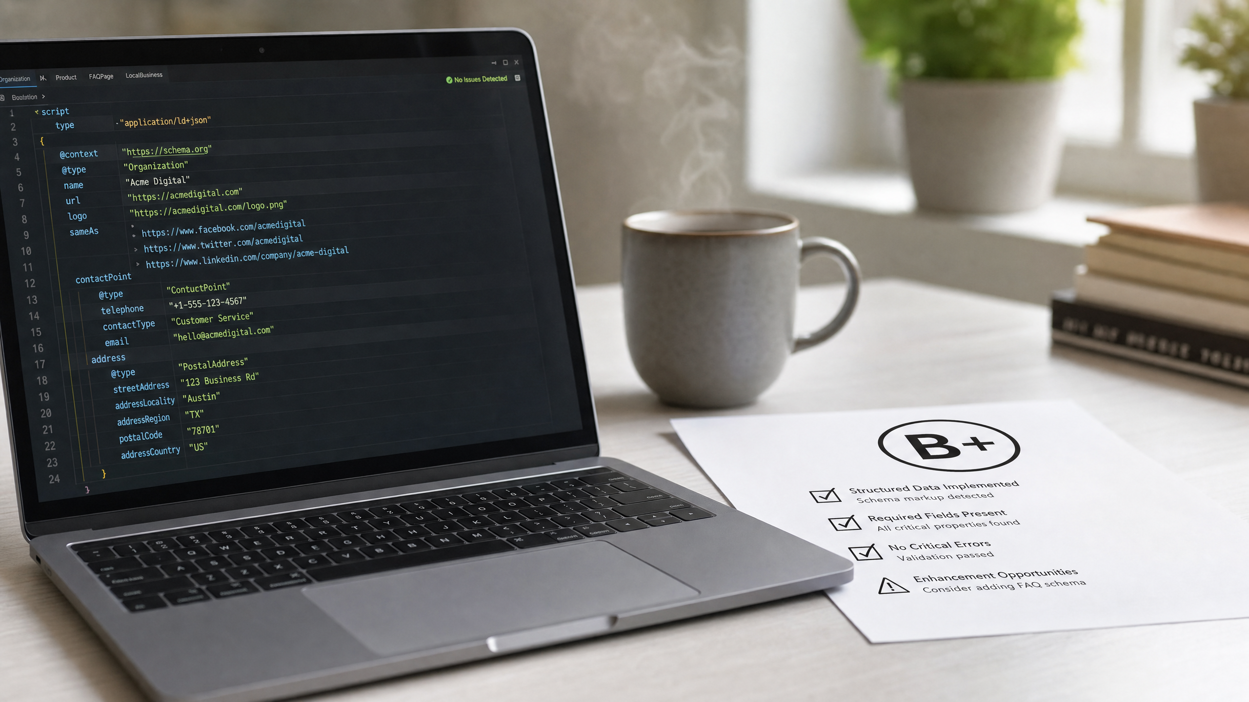 A laptop showing machine-readable structured data next to a printed AI visibility report with a letter grade, representing predictive SEO and AI visibility strategy in practice.