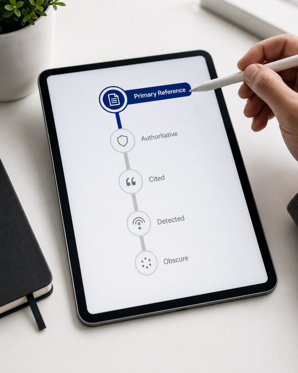 A tablet displaying the five stages of the AI Authority Spectrum from Obscure to Primary Reference, illustrating Get Cited AI LLM visibility progression.