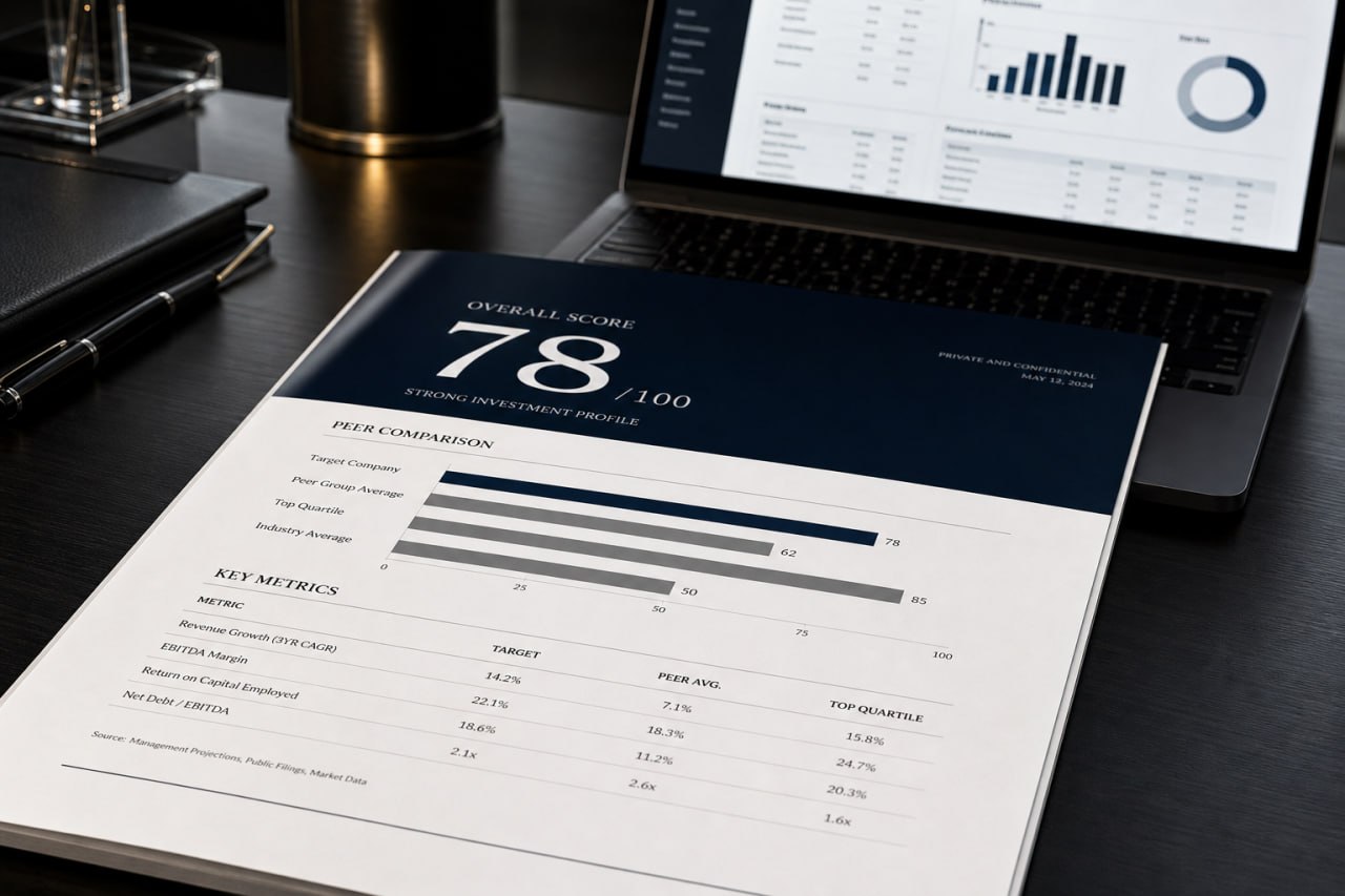 A printed Get Cited AI LLM Visibility Report showing competitive benchmarks and an AI visibility index score on a boardroom desk.