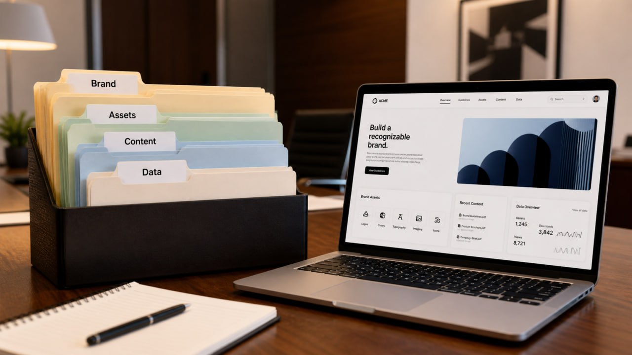 Organized brand asset folders labeled Brand, Assets, Content, and Data next to a laptop displaying a brand management dashboard, representing structured brand entity data