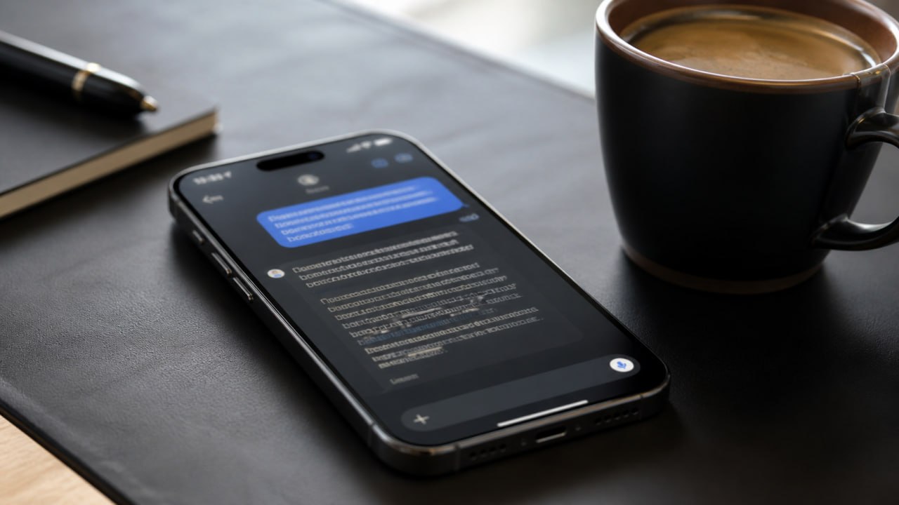 iPhone displaying an AI chat conversation on a dark desk next to a coffee cup, showing how AI tools interact with brand entity data