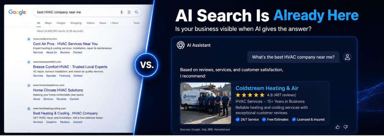AI search results showing a local business recommendation compared to a traditional Google search page