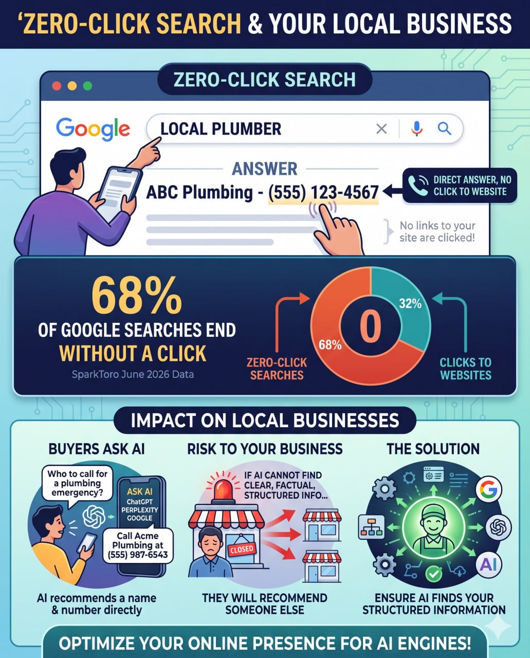 Zero-click search impact on local businesses - 68% of Google searches end without a click