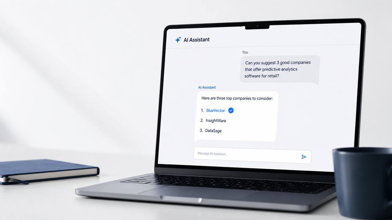 AI visibility for small businesses -- a buyer researching vendors on a laptop using an AI assistant before making contact